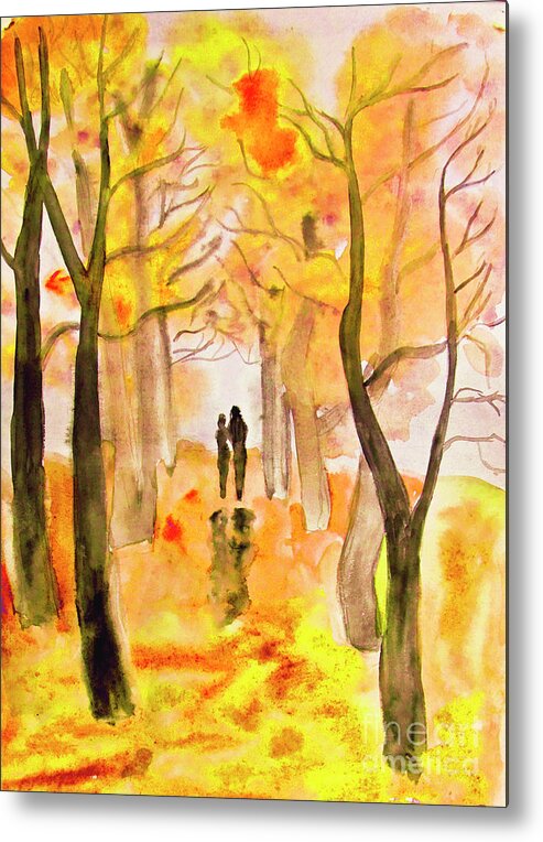 Art Metal Print featuring the painting Couple on autumn alley, painting #1 by Irina Afonskaya