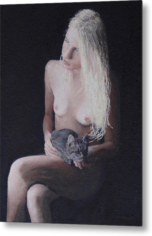 Nude Metal Print featuring the painting Nude And Cat #1 by Masami Iida