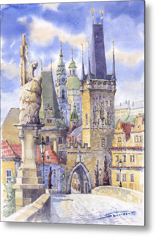 Watercolour Metal Print featuring the painting Prague Charles Bridge #3 by Yuriy Shevchuk