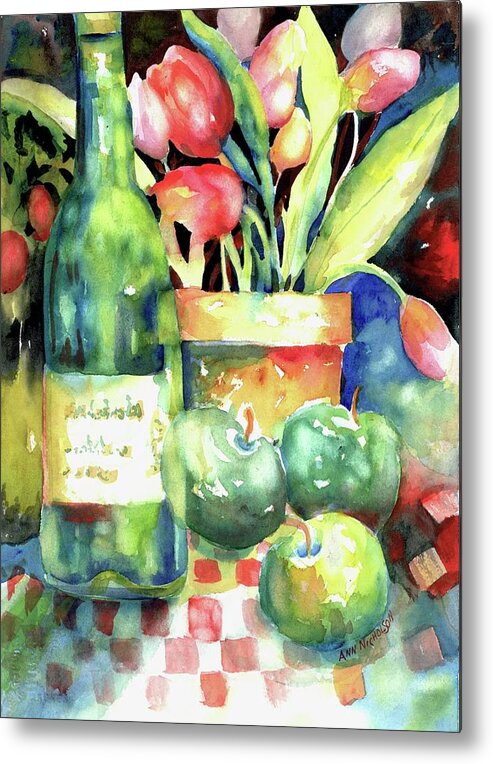 Watercolor Metal Print featuring the painting Wine And Tulips #1 by Ann Nicholson