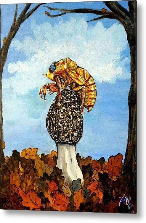 Morel Metal Print featuring the painting 17 year Cicada With Morel by Alexandria Weaselwise Busen