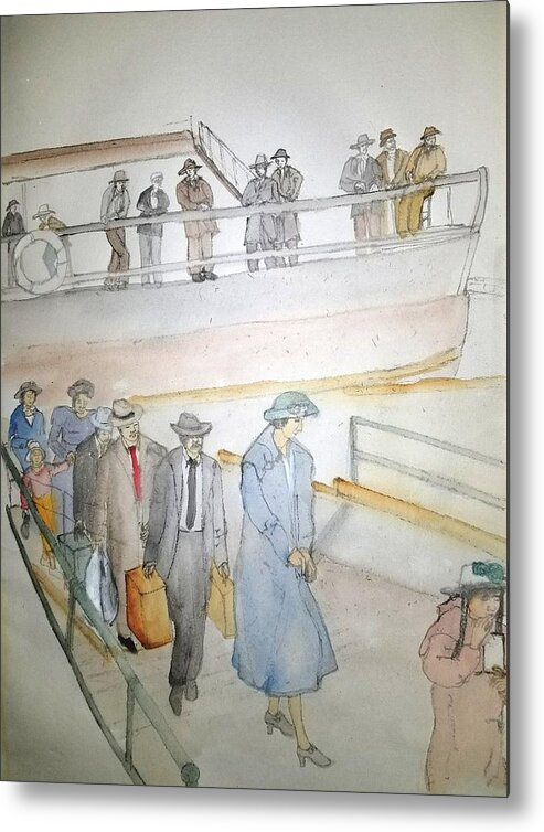 Italian. Immigrants. Arrive. Ellis Island Metal Print featuring the painting Italians Ellis island prohibition album #3 by Debbi Saccomanno Chan