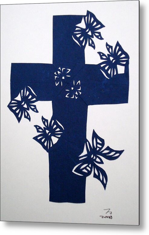 Beliefs Metal Print featuring the mixed media Blue Butterfly-Cross #5 by Tong Steinle