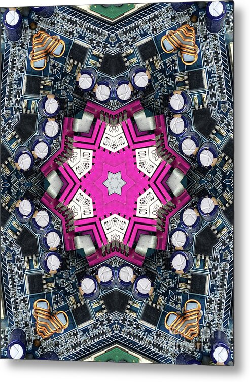 Chip Metal Print featuring the photograph Computer Circuit Board Kaleidoscopic Design #5 by Amy Cicconi