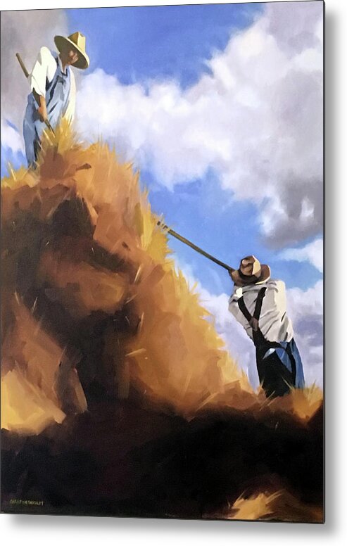  Metal Print featuring the painting Pitching Hay by Chris Gholson