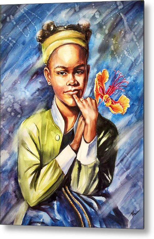 A Girl Metal Print featuring the painting A girl with yellow poinciana by Katerina Kovatcheva