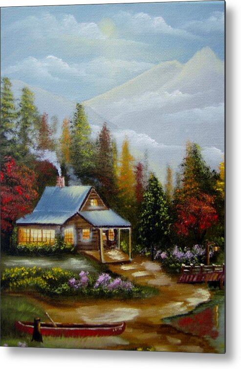 Cabin Metal Print featuring the painting A Warm and Cozy Cabin by Debra Campbell