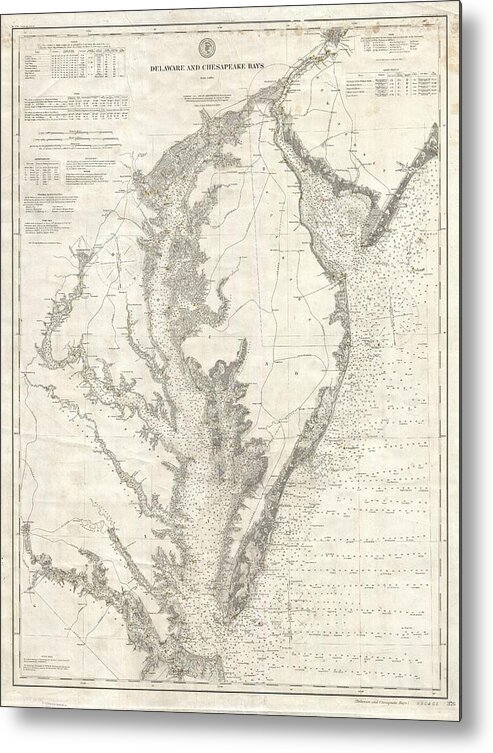 Antique Survey Map Of Delaware And Chesapeake Bays Metal Print featuring the drawing Antique Maps - Old Cartographic maps - Antique Survey Map of the Delaware and Chesapeake bays, 1893 by Studio Grafiikka