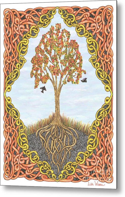 Lise Winne Metal Print featuring the drawing Autumn Tree with Knotted Roots and Knotted Border by Lise Winne