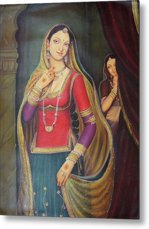 Beautiful Maharani Of Rajaput Traditional Portrait Oil Painting On Canvas Hot Indian Lady Metal Print featuring the painting Beautiful Maharani Of Rajaput Traditional Portrait Oil Painting On Canvas by B K Mitra