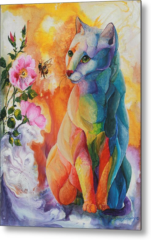 Cat Metal Print featuring the painting Bee Aware by Sherry Shipley