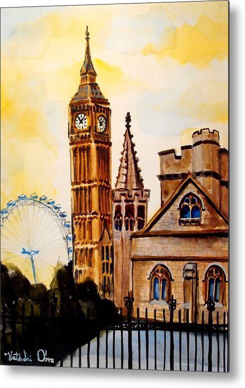 London Metal Print featuring the painting Big Ben and London Eye - Art by Dora Hathazi Mendes by Dora Hathazi Mendes