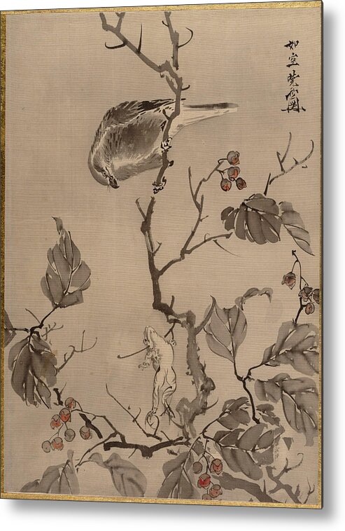 Kawanabe Kyosai Metal Print featuring the painting Bird and Frog by Kawanabe Kyosai