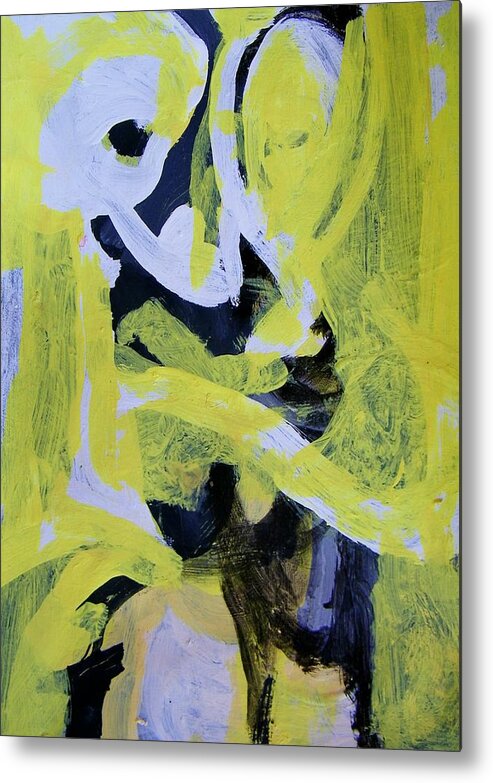 Abstract Metal Print featuring the painting Black and White Plus Yellow by Judith Redman