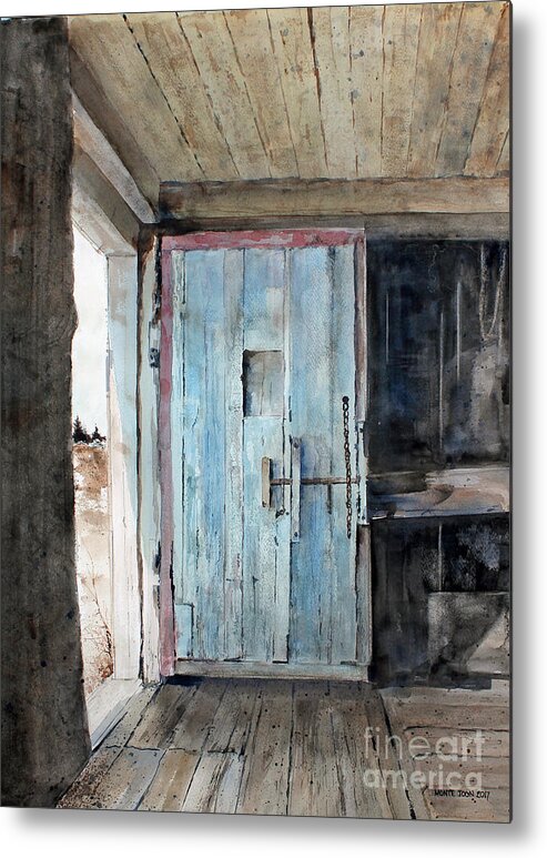A Weathered Door Is Open To The Interior Of An Old Shed At The Forillon National Park Metal Print featuring the painting Blue Door by Monte Toon