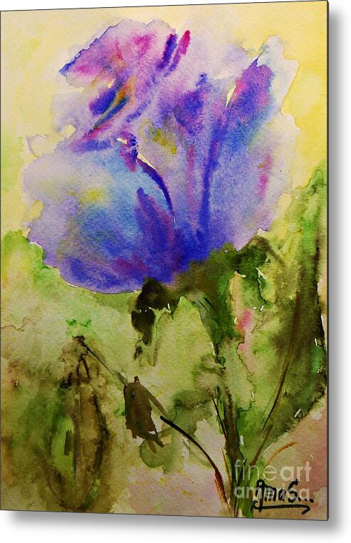 Rose Metal Print featuring the painting Blue Rose Watercolor by Amalia Suruceanu