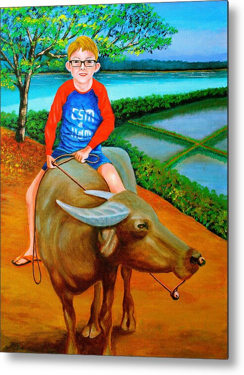 Boy Metal Print featuring the painting Boy Riding a Carabao by Cyril Maza