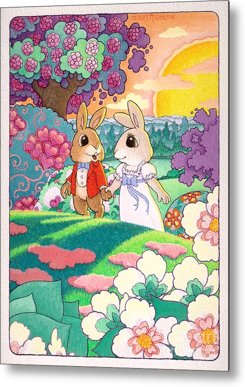 Bunny Love; Fantasy; Valentine; Hearts; Freindship Card; Romantic; Cute; Bunnies; Flowers; Sunsets Metal Print featuring the painting Bunny Love by Terry Anderson