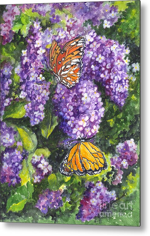 Floral Metal Print featuring the painting Butterflies and Lilacs by Carol Wisniewski
