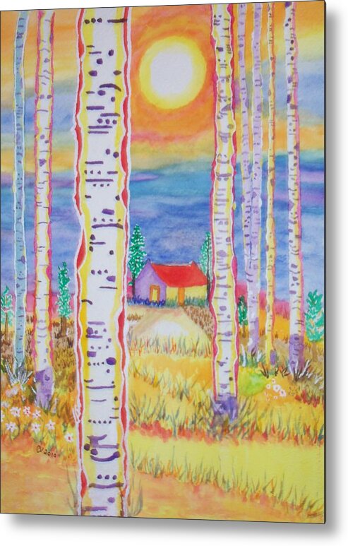 Sunset Metal Print featuring the painting Cabin In The Woods by Connie Valasco