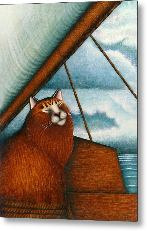 Orange Tabby Cat Metal Print featuring the painting Cat on Sailboat by Carol Wilson