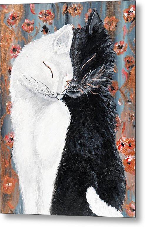 Happiness Romance Harmony Love Cute Cat Person Animal Decor Art Painting Acrylic Canvas Poppies Black And White Gray Metal Print featuring the painting Cat Romance by Medea Ioseliani