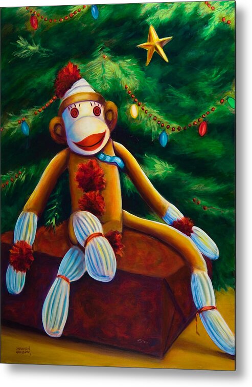 Sock Monkey Metal Print featuring the painting Christmas Sock Monkey by Shannon Grissom