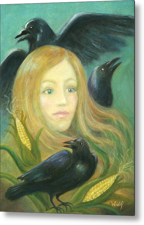 Crows Metal Print featuring the painting Crow Queen by Bernadette Wulf