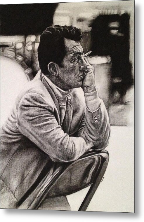 Dean Martin Rat Pack Frank Sinatra Sammy Davis Junior Charcoal Black And White Metal Print featuring the drawing Dean Martin by Steve Hunter