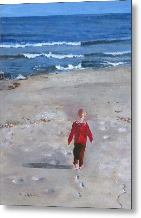 Acrylic Painting Of A Little Boy On The Beach With Ocean In The Background. Walking On The Sand Towards The Ocean. Metal Print featuring the painting Dever by Paula Pagliughi