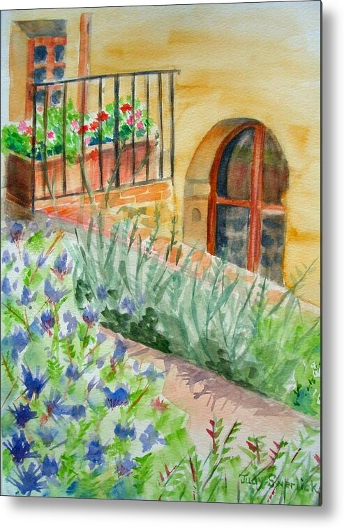 Flowers Surrounding Apartment On Vineyard Metal Print featuring the painting Dievole Vineyard by Judy Swerlick