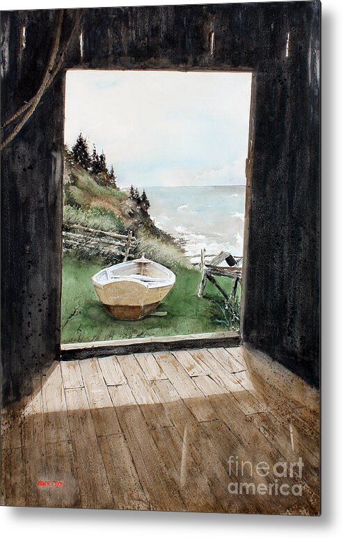 An Old Barn Frames Up An Image Of A Fisherman's Dry Docked Boat And The Rugged Shore Line And Ocean In The Distance. Metal Print featuring the painting Dry Docked by Monte Toon