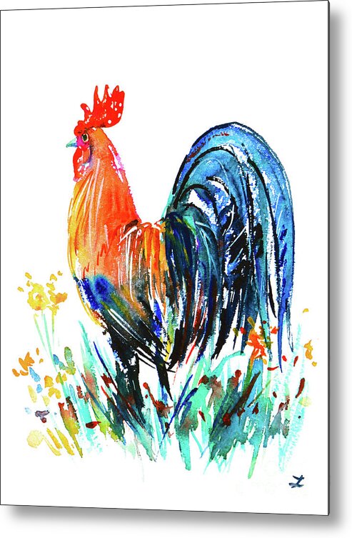 Rooster Metal Print featuring the painting Farm Rooster by Zaira Dzhaubaeva