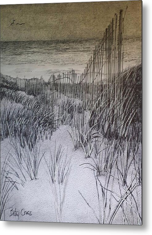  Metal Print featuring the drawing Fence in the Dunes by Betsy Carlson Cross