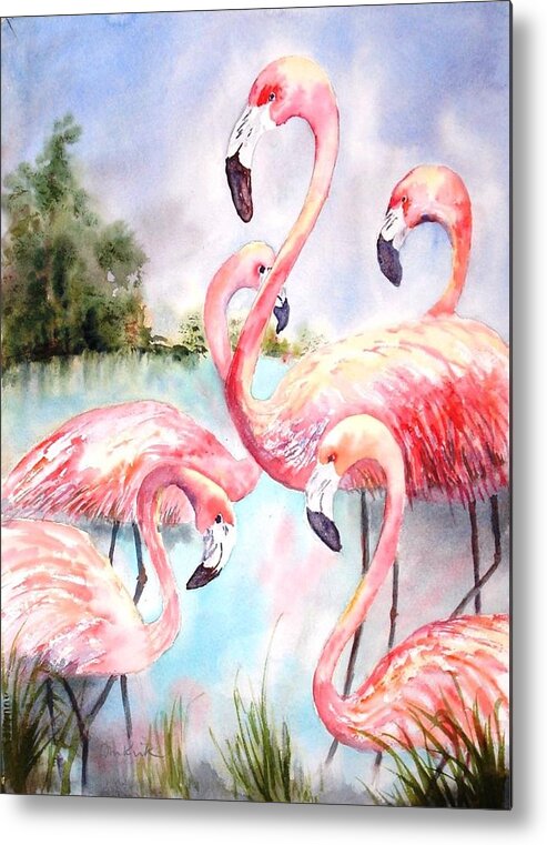 Birds Metal Print featuring the painting Five Flamingos by Diane Kirk