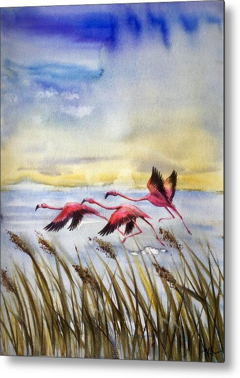 Flamingoes Metal Print featuring the painting Flamingoes flight by Katerina Kovatcheva