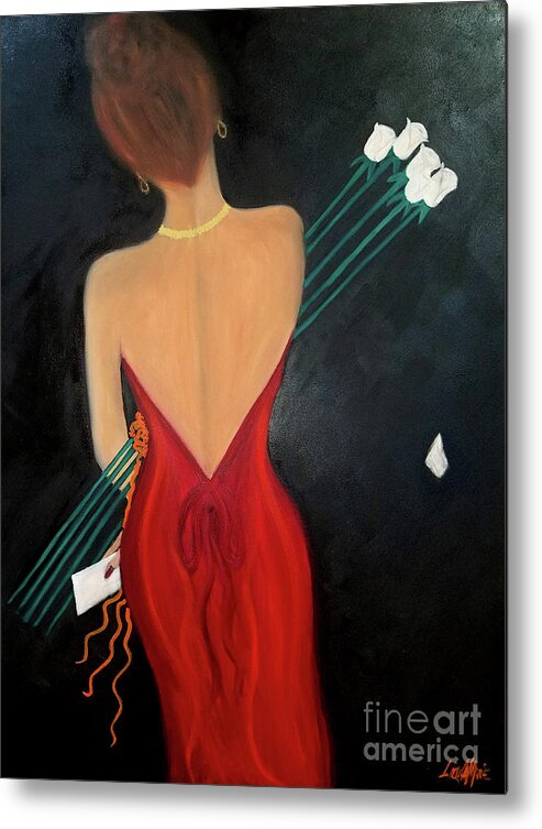 Lady In Red Metal Print featuring the painting Flowers From A Friend by Artist Linda Marie