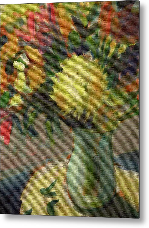 Walt Maes Metal Print featuring the painting Flowers in an aqua vase by Walt Maes