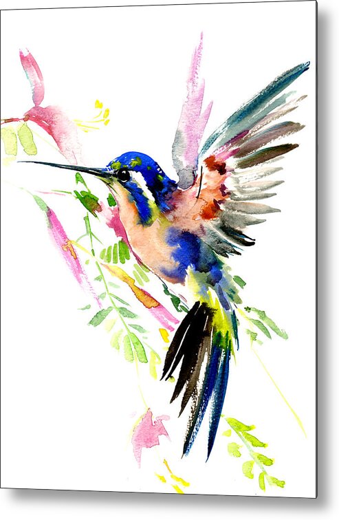 Hummingbird Metal Print featuring the painting Flying Hummingbird Blue Peach colors by Suren Nersisyan