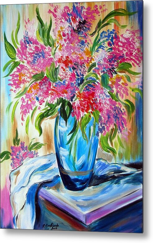 Flowers Metal Print featuring the painting For the love of flowers in a blue vase by Roberto Gagliardi