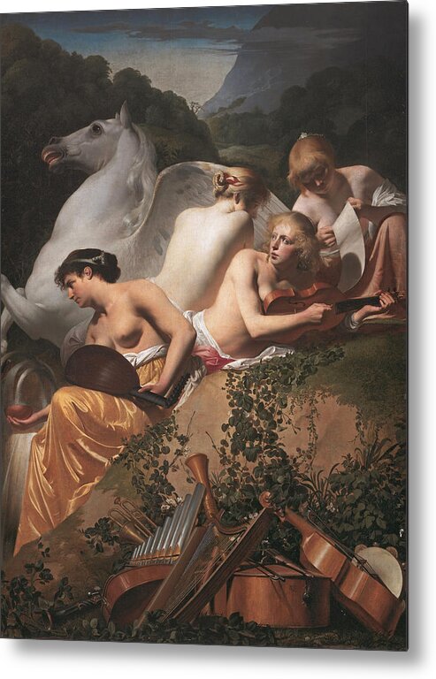 Caesar Van Everdingen Metal Print featuring the painting Four Muses and Pegasus by Caesar van Everdingen