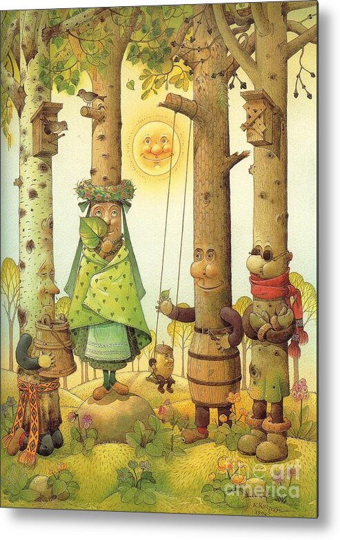 Landscape Tree Forest Green Fairy Tales Sun Spring Metal Print featuring the painting Four Trees by Kestutis Kasparavicius