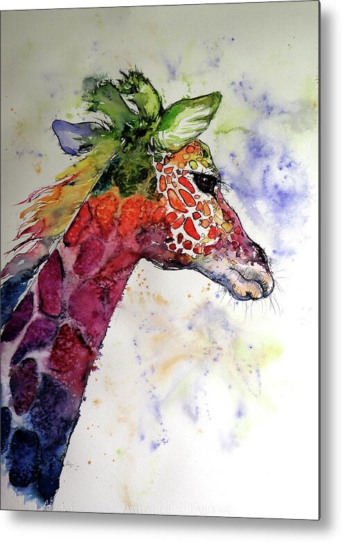 Giraffe Metal Print featuring the painting Funny giraffe by Kovacs Anna Brigitta