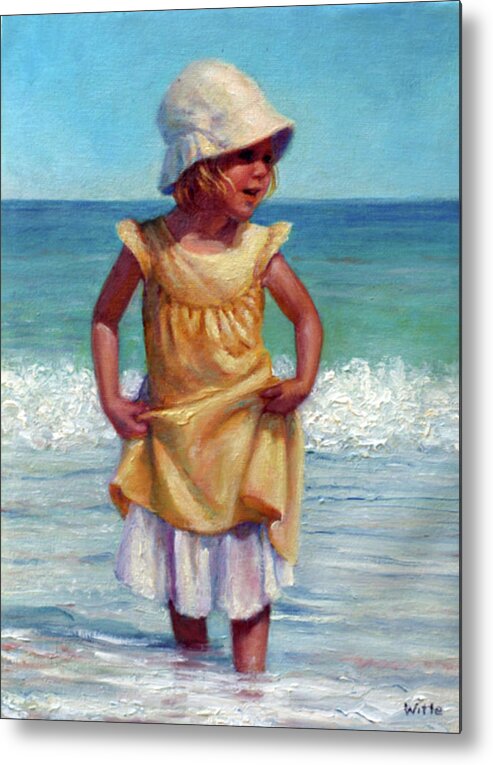 Children At The Beach Metal Print featuring the painting Girl with Bonnet by Marie Witte