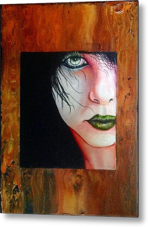 A Portrait Of A Green Eyed Lady Peering Through A Wooden Opening. She Has Green Lipstick And Green Eyelashes. She Has Black Hair Falling On Her Face. Metal Print featuring the painting Green Eyed Lady by Martin Schmidt