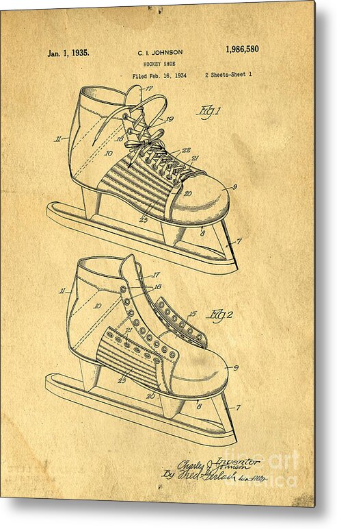 Hockey Metal Print featuring the digital art Hockey Skates Patent Art Blueprint Drawing by Edward Fielding