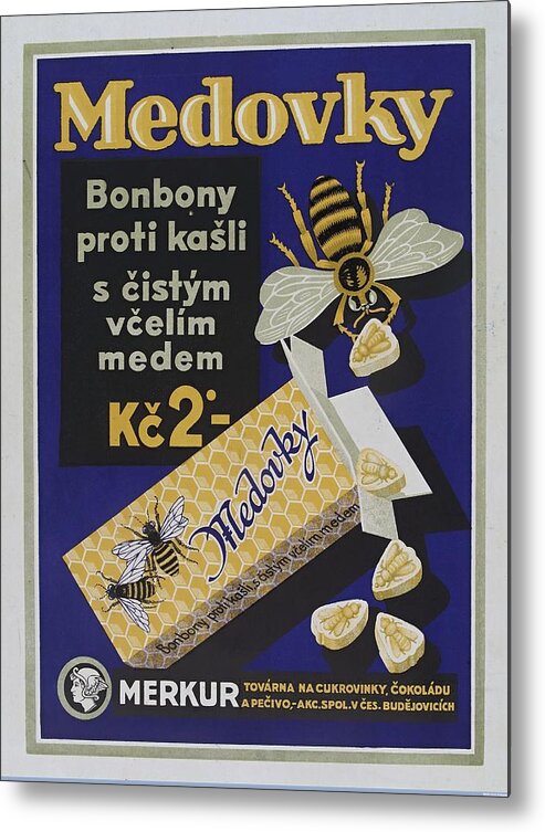 Medovky Metal Print featuring the painting Honey-flavoured cough sweets in the form of bees. Colour lithograph, ca. 1900. by Vincent Monozlay