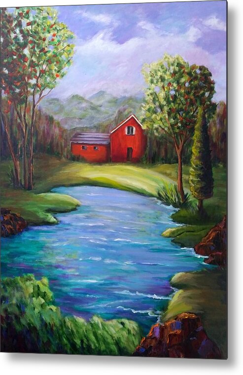 Landscape Metal Print featuring the painting House by the Lake by Rosie Sherman