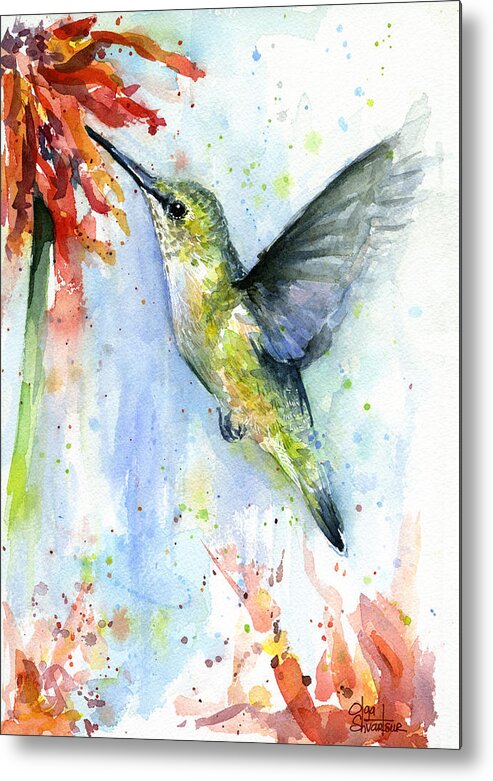 Watercolor Metal Print featuring the painting Hummingbird and Red Flower Watercolor by Olga Shvartsur