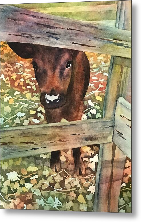 Cow Metal Print featuring the painting I Want My Momma by Beth Fontenot